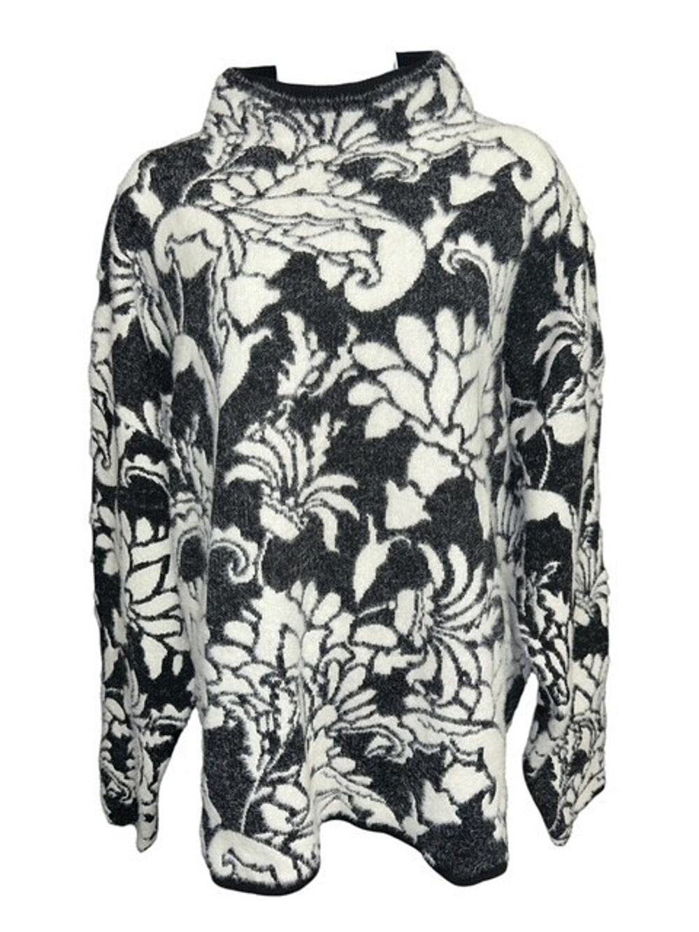 Liz Claiborne XXL Sweater Black White Floral Funnel Neck Classic Fit Pullover